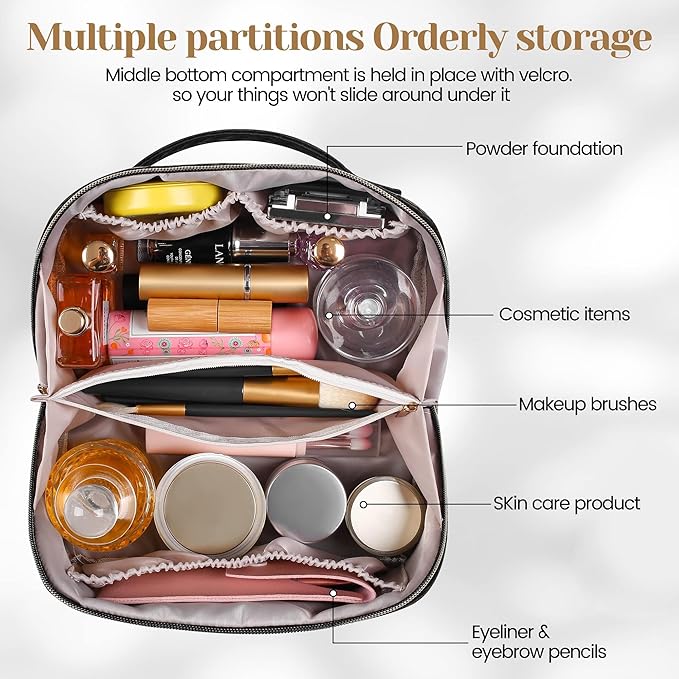 SFXULIX Large Capacity Travel Cosmetic Bag - Makeup Bag, PU Leather Waterproof Cosmetic Bag, Women Portable Travel Makeup Bag With Handle and Divider Flat Lay Makeup Organizer Bag, Black, Fashion