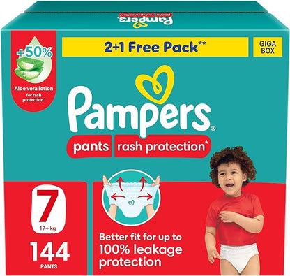 Pampers Rash Protection Pants Diapers, Size 7, 17+kg, +50% Aloe Vera Lotion, 360° Leak-Free Fit for up to 100% Leakage Protection, Giga Box, 144 Count