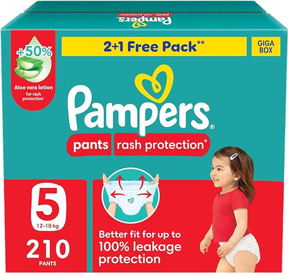 Pampers Rash Protection Pants Diapers, Size 5, 12-18kg, +50% Aloe Vera Lotion, 360° Leak-Free Fit for up to 100% Leakage Protection, Giga Box, 210 Count