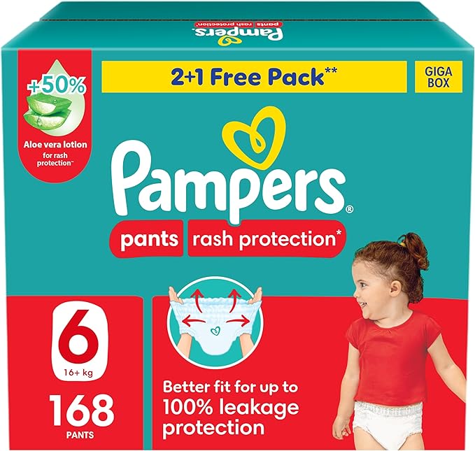 Pampers Rash Protection Pants Diapers, Size 6, 16+kg, +50% Aloe Vera Lotion, 360° Leak-Free Fit for up to 100% Leakage Protection, Giga Box, 168 Count