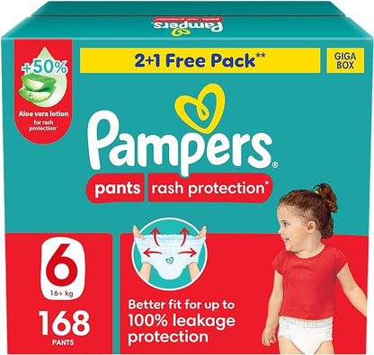 Pampers Rash Protection Pants Diapers, Size 6, 16+kg, +50% Aloe Vera Lotion, 360° Leak-Free Fit for up to 100% Leakage Protection, Giga Box, 168 Count