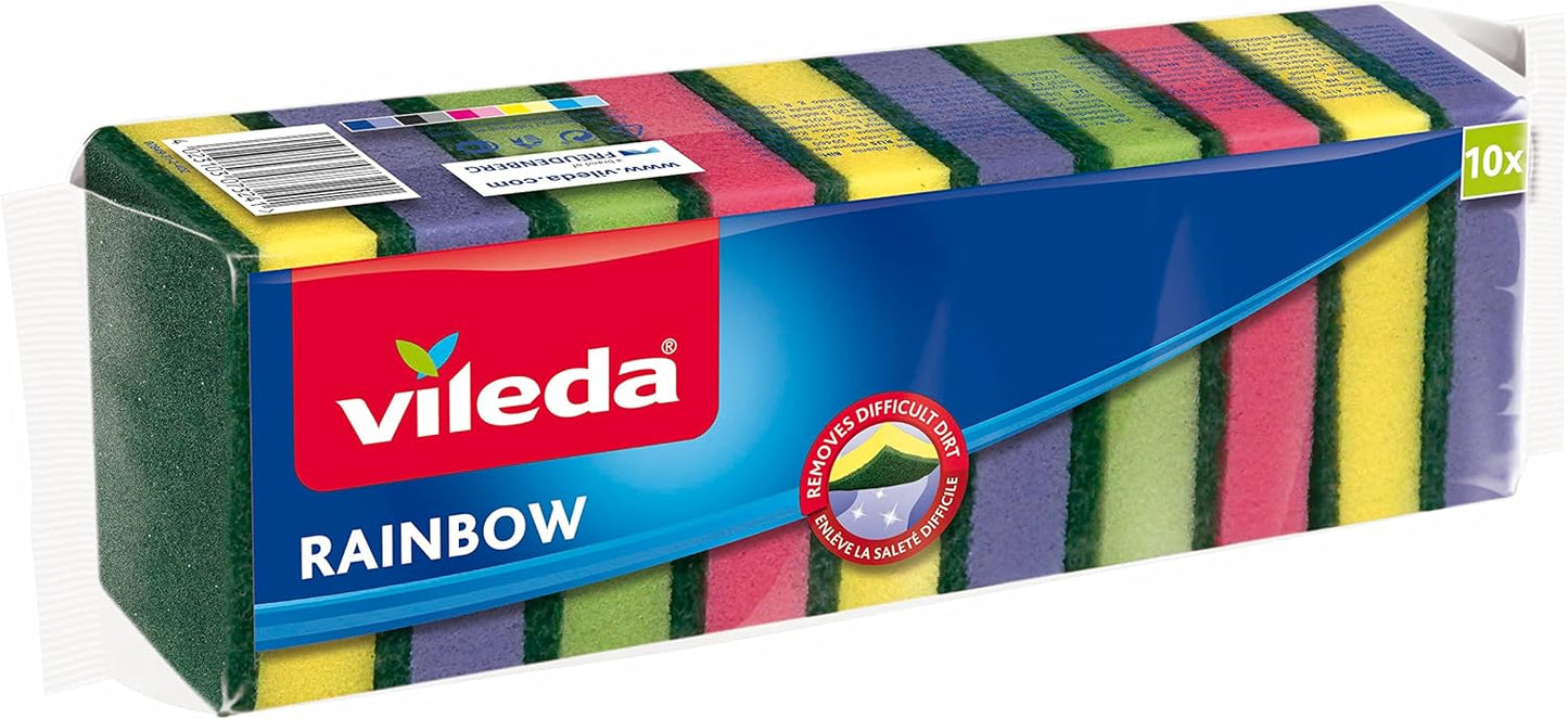 Vileda Rainbow Medium Foam Sponge Scourer, Eco-Friendly, Comfortable Grip, Value Pack 10 Pcs, Multi Colours