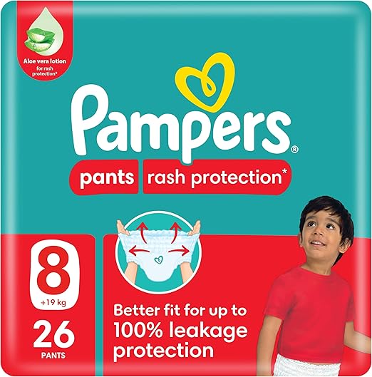 Pampers Rash Protection Pants Diapers, Size 8, 19+kg, with Aloe Vera, 360° Leak-Free Fit for up to 100% Leakage Protection, Value Pack, 26 Count