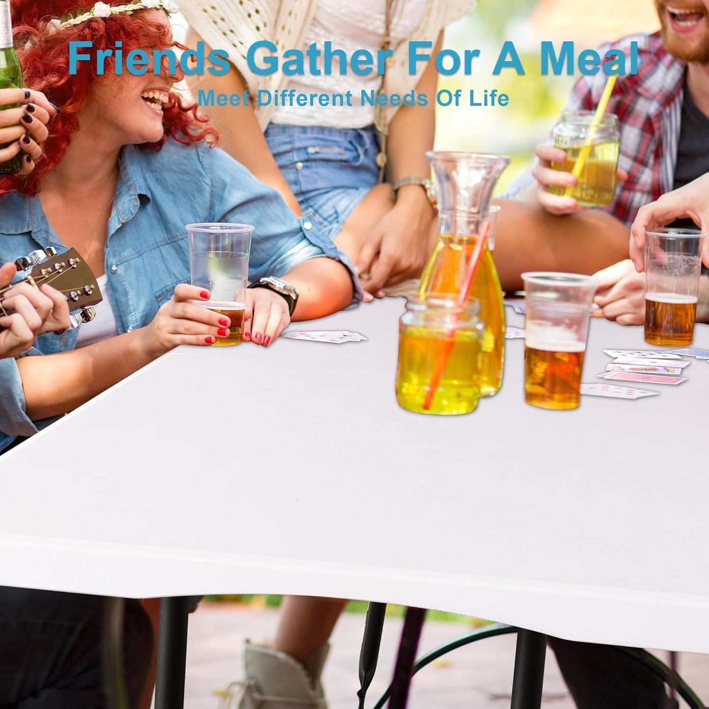 MOMENT Foldable Lightweight Trestle Outdoor Camping Tables, Heavy Duty Plastic Outdoor Folding Picnic Table, Folding Trestle Table For BBQ Party, Folds in Half with Carry Handle, White (180x75cm)